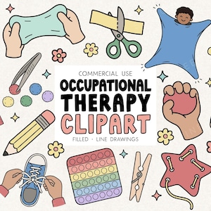 Puede incluir: Clipart colorido de terapia ocupacional con diversas herramientas y actividades. Incluye un cepillo, tijeras, una cremallera, un lápiz, un zapato, un juguete pop-it, una pinza de ropa, una estrella y auriculares. También está presente el texto "Occupational Therapy Clipart".
