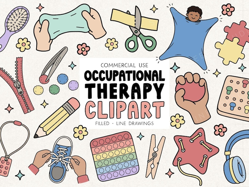May include: A collection of colourful occupational therapy clipart. Includes a brush, scissors, a zipper, a pencil, a shoe, a pop-it toy, a clothes peg, a star, and headphones. The text "Occupational Therapy Clipart" is also present.