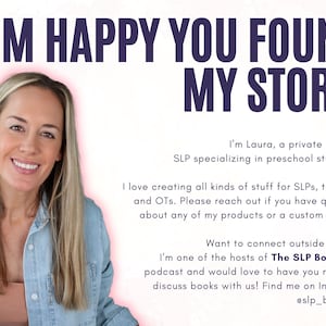 May include: Image features a smiling woman with blonde hair, wearing a denim shirt. Text overlay reads "I'M HAPPY YOU FOUND MY STORE!" and details about her practice specializing in preschool stuttering, and a podcast.