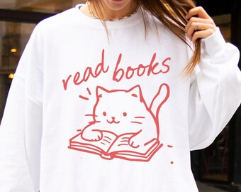 Cute Cat Reading Books Sweatshirt, Cozy Unisex Crewneck Outfit, Perfect Gift for Book Lovers, Book Club Gift, Read More Doodle Pullover