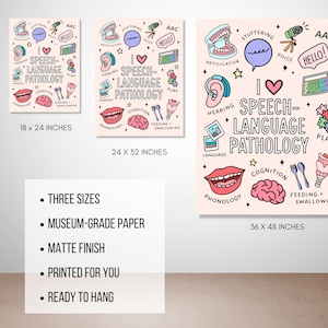 Op de afbeelding: Een roze poster met de tekst "I &hearts; Speech-Language Pathology" in zwart omlijnde tekst. De poster bevat illustraties van verschillende concepten die verband houden met logopedie, waaronder horen, articulatie, cognitie, voeding, slikken en fonologie. De poster is verkrijgbaar in drie formaten: 46 x 61 cm, 61 x 81 cm en 91 x 122 cm.