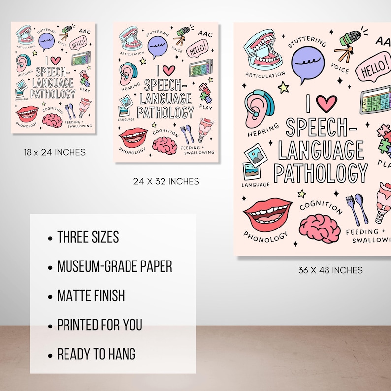 Op de afbeelding: Een roze poster met de tekst "I &hearts; Speech-Language Pathology" in zwart omlijnde tekst. De poster bevat illustraties van verschillende concepten die verband houden met logopedie, waaronder horen, articulatie, cognitie, voeding, slikken en fonologie. De poster is verkrijgbaar in drie formaten: 46 x 61 cm, 61 x 81 cm en 91 x 122 cm.
