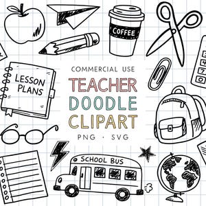 Puede incluir: Clipart de garabatos en blanco y negro con temática de profesores. Incluye un autobús escolar, una manzana, una taza de café, tijeras, una mochila, planes de lecciones y otros útiles escolares. También se incluye el texto "Teacher Doodle Clipart".