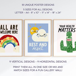May include: Three framed art prints with motivational messages. The first print says "ALL ARE WELCOME HERE" with a rainbow. The second print says "REST AND reset" with a cloud and sun. The third print says "YOUR HEALTH MATTERS" with a cactus.