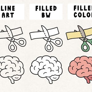 May include: An illustration with three rows of images. The top row shows scissors cutting a ribbon, in line art, black and white, and filled colour. The bottom row shows a brain in line art, black and white, and filled colour.