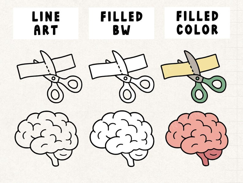 May include: An illustration with three rows of images. The top row shows scissors cutting a ribbon, in line art, black and white, and filled colour. The bottom row shows a brain in line art, black and white, and filled colour.