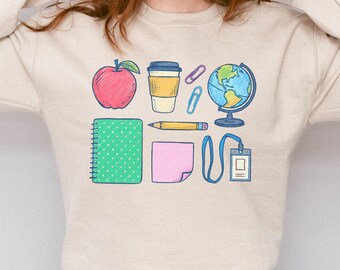 Sudadera de regreso a clases para maestros, regalos para maestros, cuello redondo acogedor para educadores, diseño moderno y bonito de útiles escolares, regalo de agradecimiento para maestros.