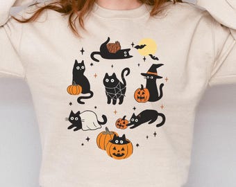 Halloween Cat Crewneck, Black Cat Lovers Sweatshirt, Spooky Kittens, Funny Ghost Cats, Gift for Cat Lover, Cat Mom Sweater, Cat Halloweening