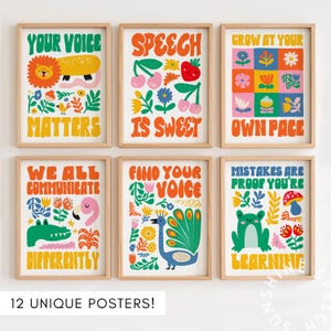 May include: Six framed art prints with vibrant illustrations and text. The prints feature a lion, cherries, flowers, a frog, a peacock, and an alligator. The text includes phrases such as "Your Voice Matters" and "Mistakes Are Proof You're Learning."