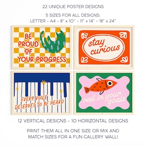 Pu&ograve; includere: Quattro stampe artistiche incorniciate con disegni colorati e frasi motivazionali. Le stampe includono un gatto, un pesce e testi che recitano "Be Proud of Your Progress", "Stay Curious", "Every Voice Deserves to Be Heard" e "Reel in Your Goals".