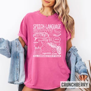 Oversized comfort colors retro-inspired shirt for speech therapist or SLPA with speech therapy scope of practice images on it and the words "All communication is valid." Gift for SLPs.