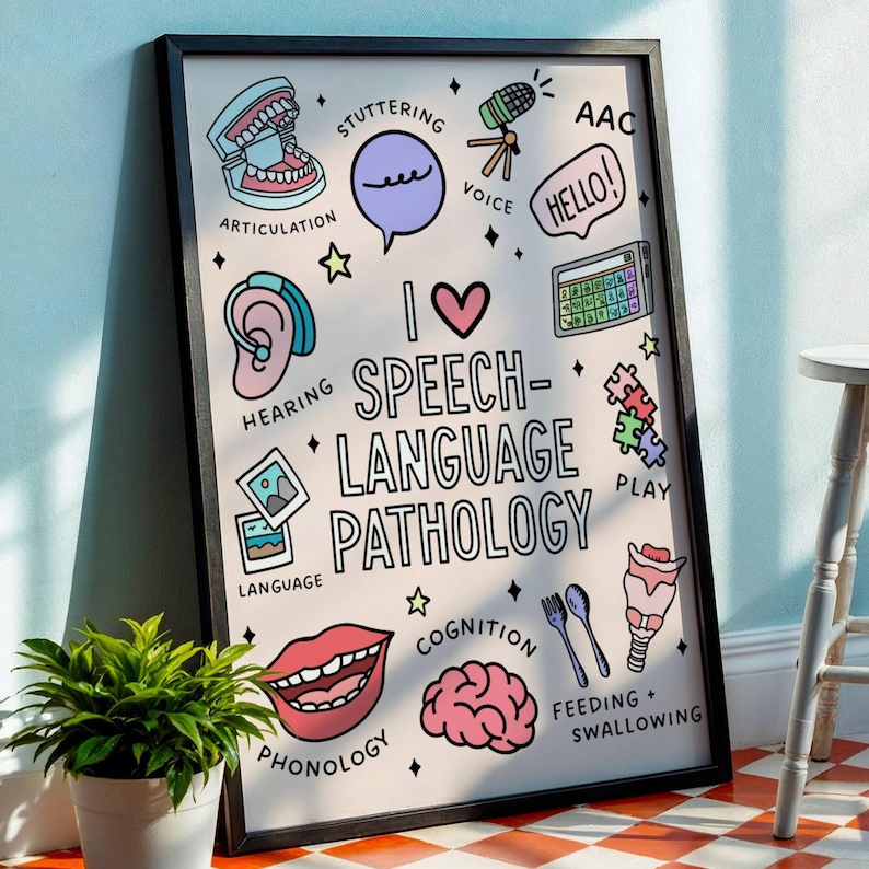 Op de afbeelding: Een roze en witte poster met de tekst "I &hearts; SPEECH-LANGUAGE PATHOLOGY" omringd door illustraties van verschillende concepten die verband houden met spraak en taal, waaronder articulatie, stotteren, stem, gehoor, taal, cognitie, voeding en slikken, en spelen.