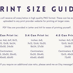 May include: Print size guide with size ratios for prints. Includes sizes in inches: 4x6, 6x9, 8x12, 10x15, 12x18, 16x24, 20x30, 24x36, 6x8, 9x12, 12x16, 15x20, 18x24, 27x36, 4x5, 8x10, 12x15, 16x20, 24x30. Also includes sizes in centimeters.