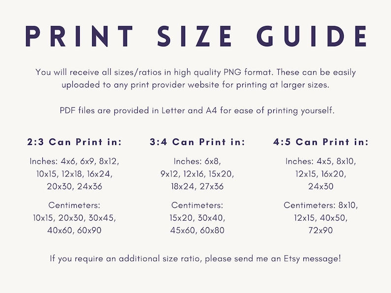 May include: Print size guide with size ratios for prints. Includes sizes in inches: 4x6, 6x9, 8x12, 10x15, 12x18, 16x24, 20x30, 24x36, 6x8, 9x12, 12x16, 15x20, 18x24, 27x36, 4x5, 8x10, 12x15, 16x20, 24x30. Also includes sizes in centimeters.
