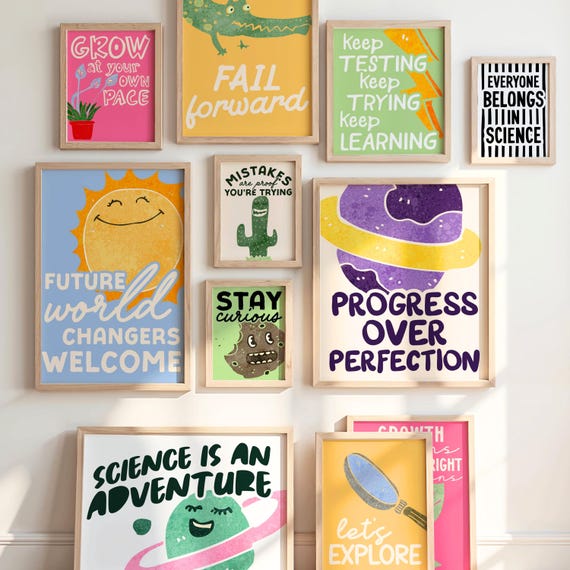 Science Classroom Posters, Set of 25 Inspirational Printable Posters for Teachers Growth Mindset STEM Decor Back to School Class Decorations