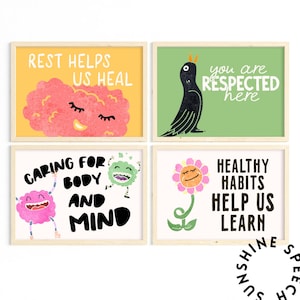 May include: Four framed art prints with motivational phrases and illustrations. The prints feature phrases such as "Rest Helps Us Heal" and "Healthy Habits Help Us Learn," alongside colourful, cartoon-style images.