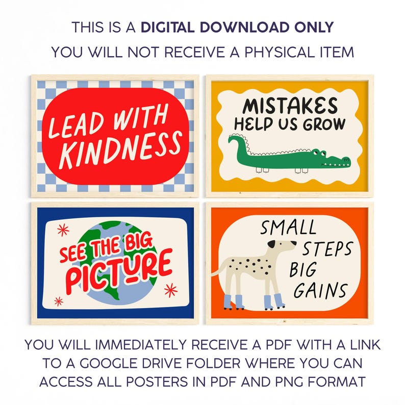 Pu&ograve; includere: Quattro stampe d'arte digitale colorate con citazioni ispiratrici. Le stampe presentano frasi come "Lead with Kindness" e "See the Big Picture" con illustrazioni di un coccodrillo, un cane e un globo. Le stampe sono in una cornice di legno.