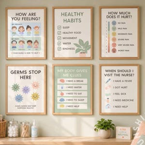 May include: Six framed educational posters for a nurse's office featuring illustrations and text about health, feelings, pain scales, germs, and body cues. The posters have light-colored backgrounds with colorful graphics and clear black text.