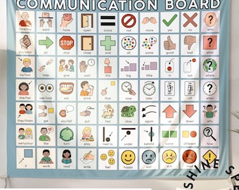 Könnte beinhalten: Eine blaue Tapisserie mit der Aufschrift "COMMUNICATION BOARD" oben. Sie zeigt ein Raster mit illustrierten Symbolen und Wörtern, darunter "ja", "nein" und verschiedene Verben. Der Text "AAC Core Board Tapestry" befindet sich unten.