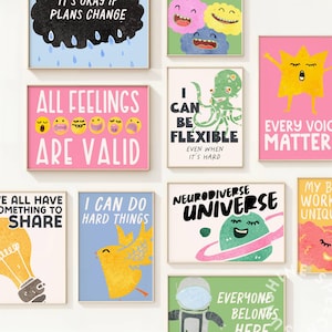 May include: A selection of framed art prints with motivational quotes and playful illustrations. The prints display phrases such as "It's Okay If Plans Change" and "I Can Do Hard Things," alongside colourful images of a cloud, a bird, and a smiling planet.