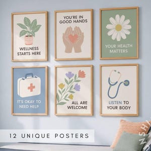 May include: A set of six framed wall posters featuring illustrations of a potted plant, hands holding a heart, a daisy, a first aid kit, flowers, and a stethoscope, with text including Wellness Starts Here, You're In Good Hands, and Listen To Your Body.