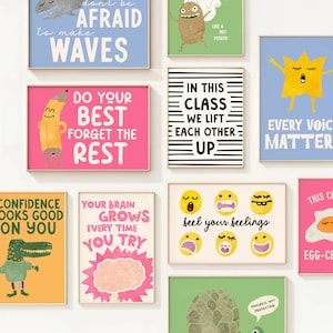 以下が含まれることがあります： やる気を起こさせる引用句と気まぐれなイラストが描かれた、カラフルな額入りのアートプリントのコレクションです。「波を起こすことを恐れないで」や「最善を尽くし、残りは忘れて」などのフレーズが特徴です。