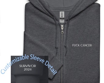 Felpa con cappuccio personalizzabile con zip "Fanculo il cancro", regalo di remissione, felpa divertente per il trattamento chemioterapico, idea regalo per sopravvissuti al cancro, felpa con cappuccio di incoraggiamento