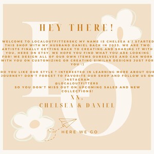 Puede incluir: Un fondo de color melocot&oacute;n con una gran letra blanca "L" con un avi&oacute;n de papel que sale de la parte superior. El texto "HEY THERE!" est&aacute; en marr&oacute;n en la parte superior de la imagen. El texto "WELCOME TO LOCALOUTFITTERSKC MY NAME IS CHELSEA & I STARTED THIS SHOP WITH MY HUSBAND DANIEL BACK IN 2023. WE ARE TWO ARTISTS FINALLY GETTING BACK TO CREATING AND SHARING IT WITH YOU, HERE ON ETSY. WE HOPE YOU FIND WHAT YOU ARE LOOKING FOR! WE DESIGN ALL OF OUR OWN ITEMS OURSELVES AND CAN WORK WITH YOU ON CUSTOMIZING OR CREATING SIMILAR DESIGNS JUST FOR YOU :) DO YOU LIKE OUR STYLE? INTERESTED IN LEARNING MORE ABOUT OUR JOURNEY? DON'T FORGET TO FAVORITE OUR SHOP AND FOLLOW US ON INSTAGRAM @LOCALOUTFITTERS SO YOU DON'T MISS OUT ON UPCOMING SALES AND NEW COLLECTIONS! XX, CHELSEA & DANIEL HERE WE GO" est&aacute; en marr&oacute;n en la imagen.