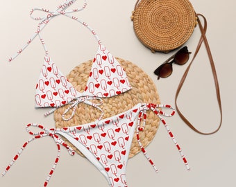 Queen of Hearts Print String Bikini, Love Print Recycled Two Piece Swimsuit, Fun Honeymoon Swimsuit