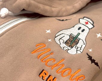 Custom Nurse Embroidered Name Zip Up Coffee Ghost Hoodie Halloween Cute Sweatshirt for Iced Coffee Lovers Sweatshirt Spooky Season Jacket