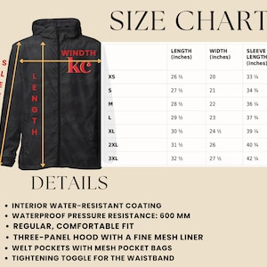 Puede incluir: Chaqueta cortavientos negra con un logotipo rojo "WINDTH KC". Tabla de tallas con medidas en pulgadas para XS a 3XL.