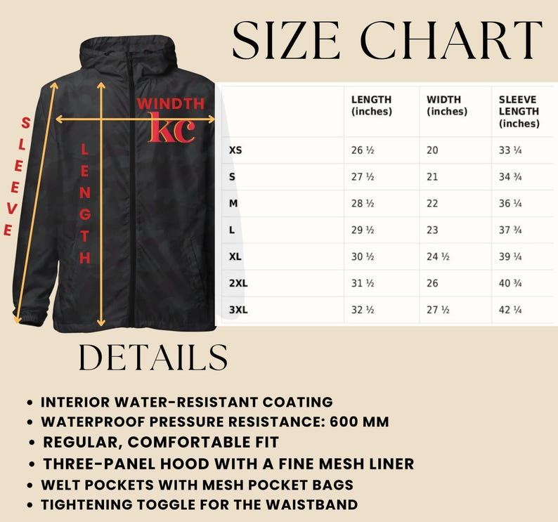 Puede incluir: Chaqueta cortavientos negra con un logotipo rojo "WINDTH KC". Tabla de tallas con medidas en pulgadas para XS a 3XL.