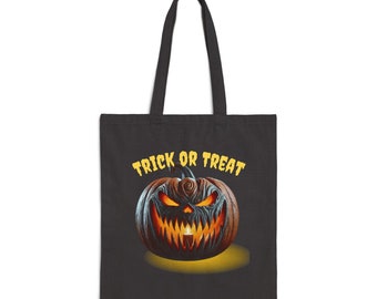 Scary, Halloween, Trick or Treat Bag,, Cute, Spooky Pumpkin, Black Cotton Canvas Tote Bag for candy and accessories. Candy Bag, Reusable Bag