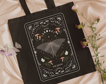 Moth Tarot Card Tote Bag, Witchy Goblincore Cotton