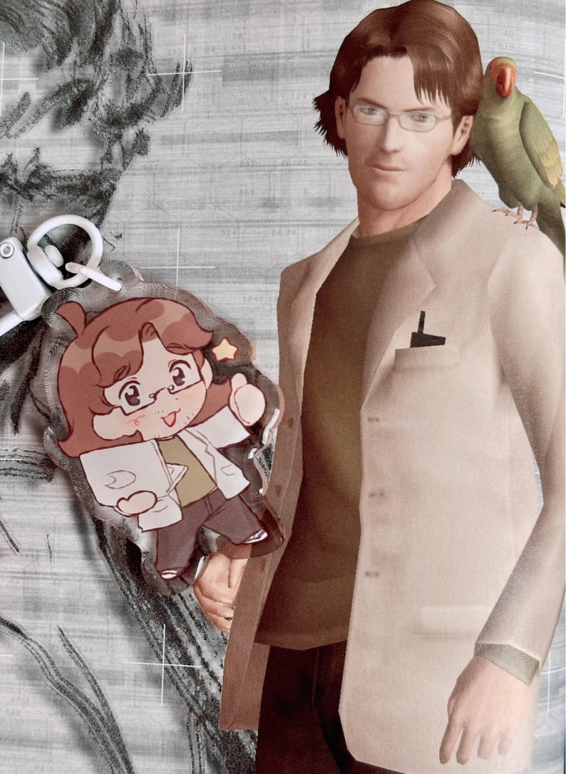 May include: A keychain featuring a cartoon character wearing a white lab coat and holding a book. The character has brown hair, glasses, and a smiling face. The keychain is attached to a white metal ring. The character is standing next to a person wearing a beige jacket and a green shirt. A green parrot is perched on the person's shoulder.