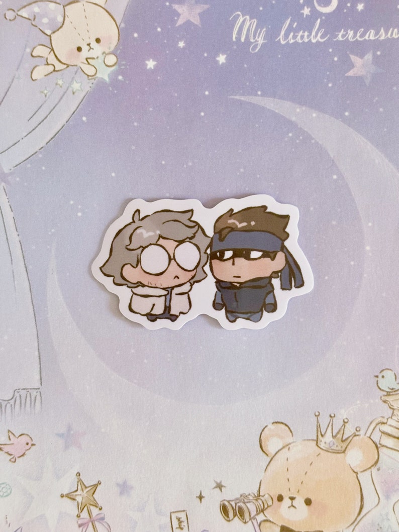 May include: Two cartoon characters, one with gray hair and glasses and the other with brown hair and an eye patch, are depicted in a sticker. The characters are both wearing casual clothing and have a friendly expression.