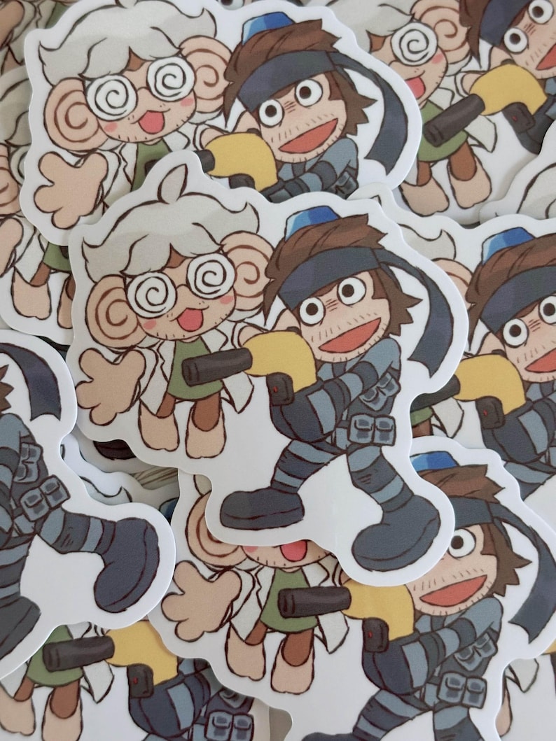 K&ouml;nnte beinhalten: Eine Sammlung von Cartoon-Aufklebern. Einer zeigt eine affen&auml;hnliche Figur mit Brille und Laborkittel, die eine Waffe h&auml;lt. Der andere zeigt einen Soldaten in einer blau-grauen Uniform, ebenfalls mit einer Waffe. Die Aufkleber haben einen wei&szlig;en Rand.