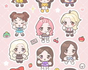 May include: A set of 12 colorful cartoon stickers featuring female characters with different hairstyles and outfits. The stickers are on a pink background with a white pattern.