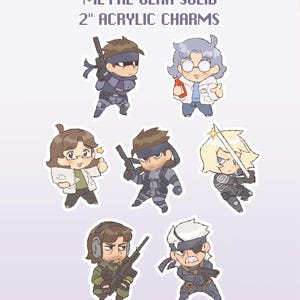 May include: Set of 7 2-inch acrylic charms featuring characters from the Metal Gear Solid video game series. The characters are depicted in a chibi style and include Solid Snake, Revolver Ocelot, Meryl, Gray Fox, Psycho Mantis, Liquid Snake, and Otacon.