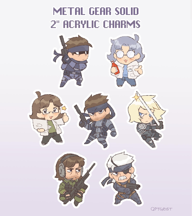 May include: Set of 7 2-inch acrylic charms featuring characters from the Metal Gear Solid video game series. The characters are depicted in a chibi style and include Solid Snake, Revolver Ocelot, Meryl, Gray Fox, Psycho Mantis, Liquid Snake, and Otacon.