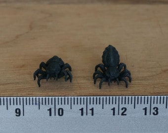 Puede incluir: Dos arañas de plástico negro, una ligeramente más grande que la otra, se colocan sobre una superficie de madera junto a una regla. La regla muestra medidas en pulgadas.