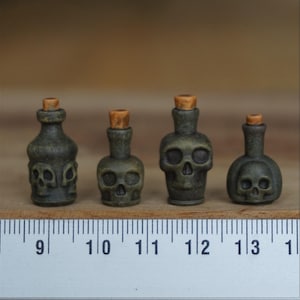 Miniature Skull Bottles, Set of 4, Dollhouse diorama bottles