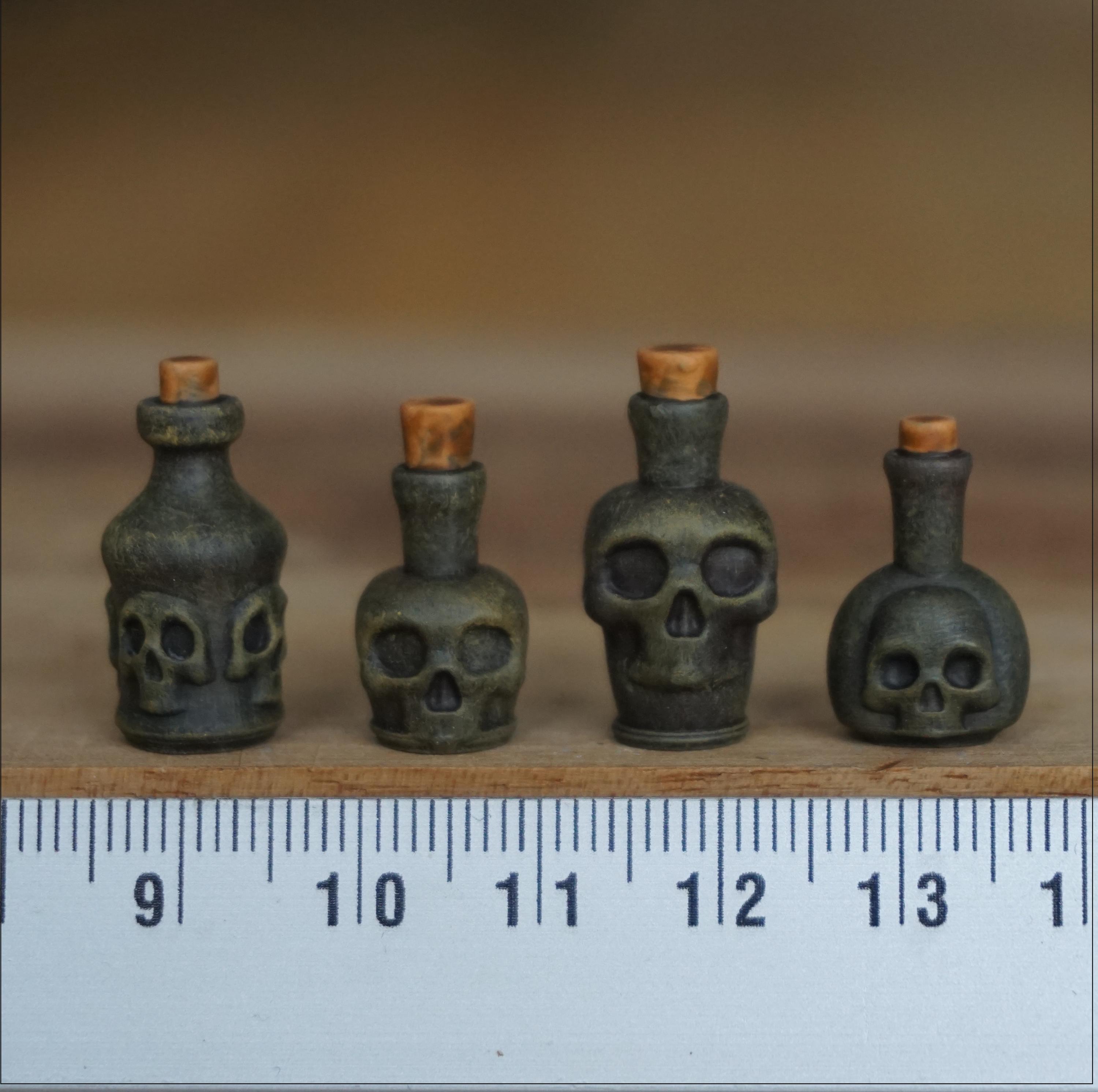 Miniature Skull Bottles, Set of 4, Dollhouse diorama bottles