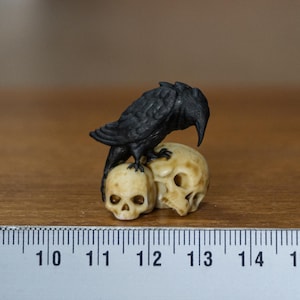 Miniature Raven on Skulls, 1:12 scale mini black birds