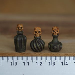 Miniature Skull Bottles, Set of 3, Dollhouse diorama bottles