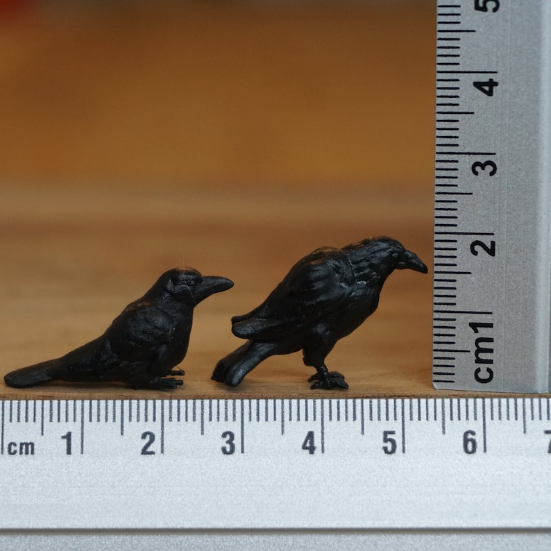 May include: Two black crow figurines, one facing left and one facing right, are positioned on a ruler with centimeter markings. The ruler measures 7 cm in length.