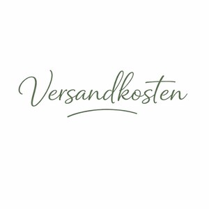 May include: The word Versandkosten is written in a dark olive green, cursive, handwritten-style font. The text is centered and features a simple, thin, curved horizontal line underneath the word, matching the color and style of the lettering.