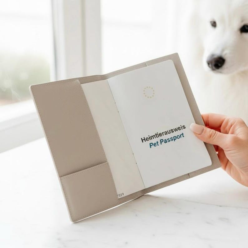 May include: A beige leather-like cover holding a white pet passport booklet. The booklet features a circle of gold stars at the top and the text "Heimtierausweis Pet Passport" printed in black and blue ink on the front cover page.