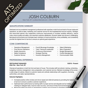 Restaurant Manager Resume Template: Instant Download! Customizable ATS Optimized Clean Modern Resume and Cover Letter Template