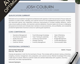 May include: A resume for Josh Colburn, a restaurant manager with experience in both front and back of house operations. The resume highlights his skills in operations management, food service operations, quality assurance, safety compliance, customer service, food and beverage knowledge, team training and leadership, continuous improvement, strategic planning, inventory management, sales and marketing, menu preparation, budget management, conflict management, and communication skills. The resume also includes a section for professional experience, where Colburn details his experience as a restaurant manager at Elite Pub in New York, NY.